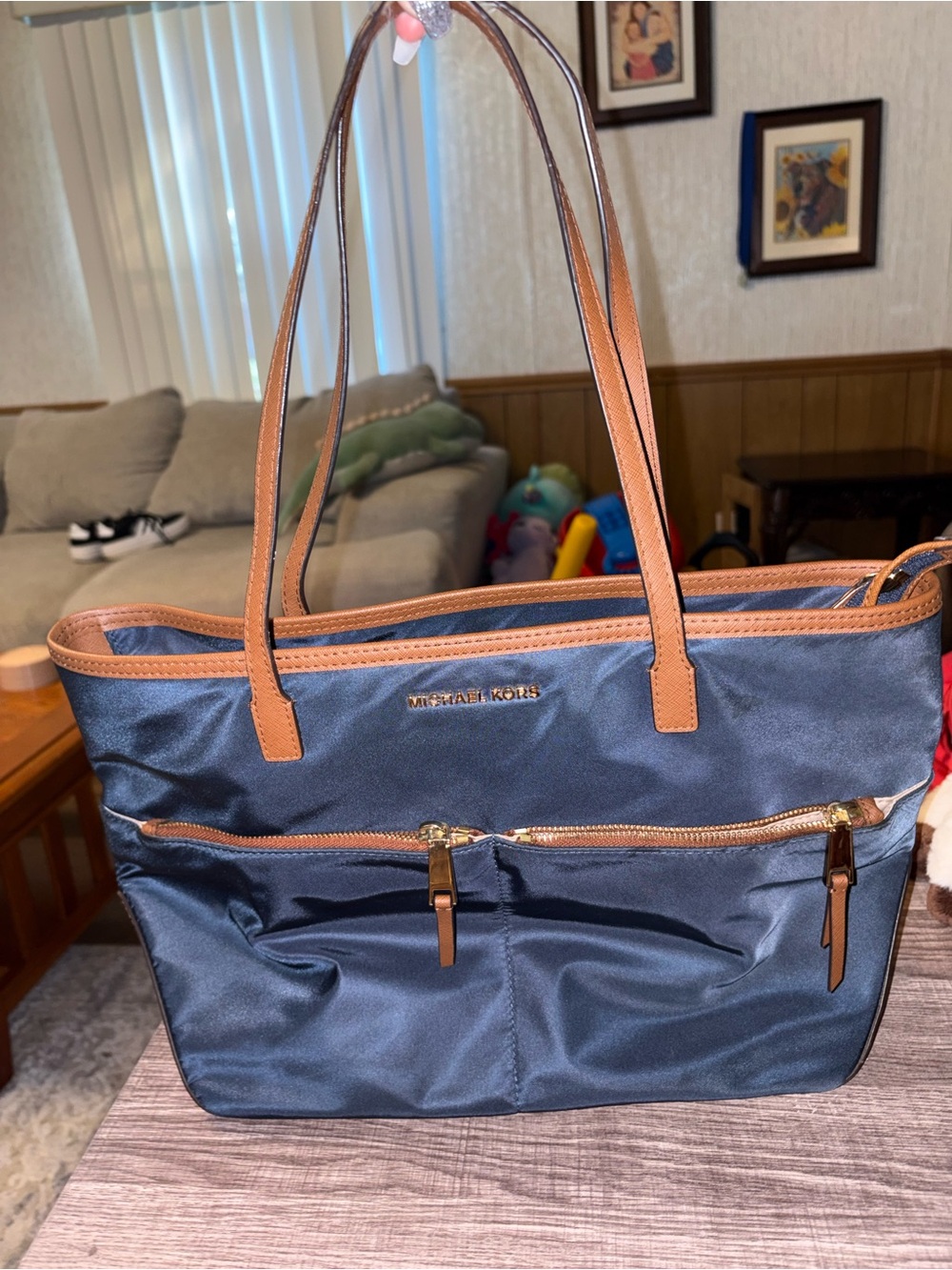 Michael Kors Navy Tote with Tan Trim